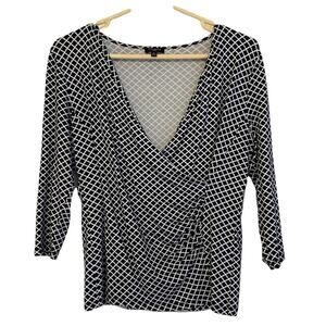Talbots Faux‎ Wrap Black White 3/4 Sleeve Top Small Petite